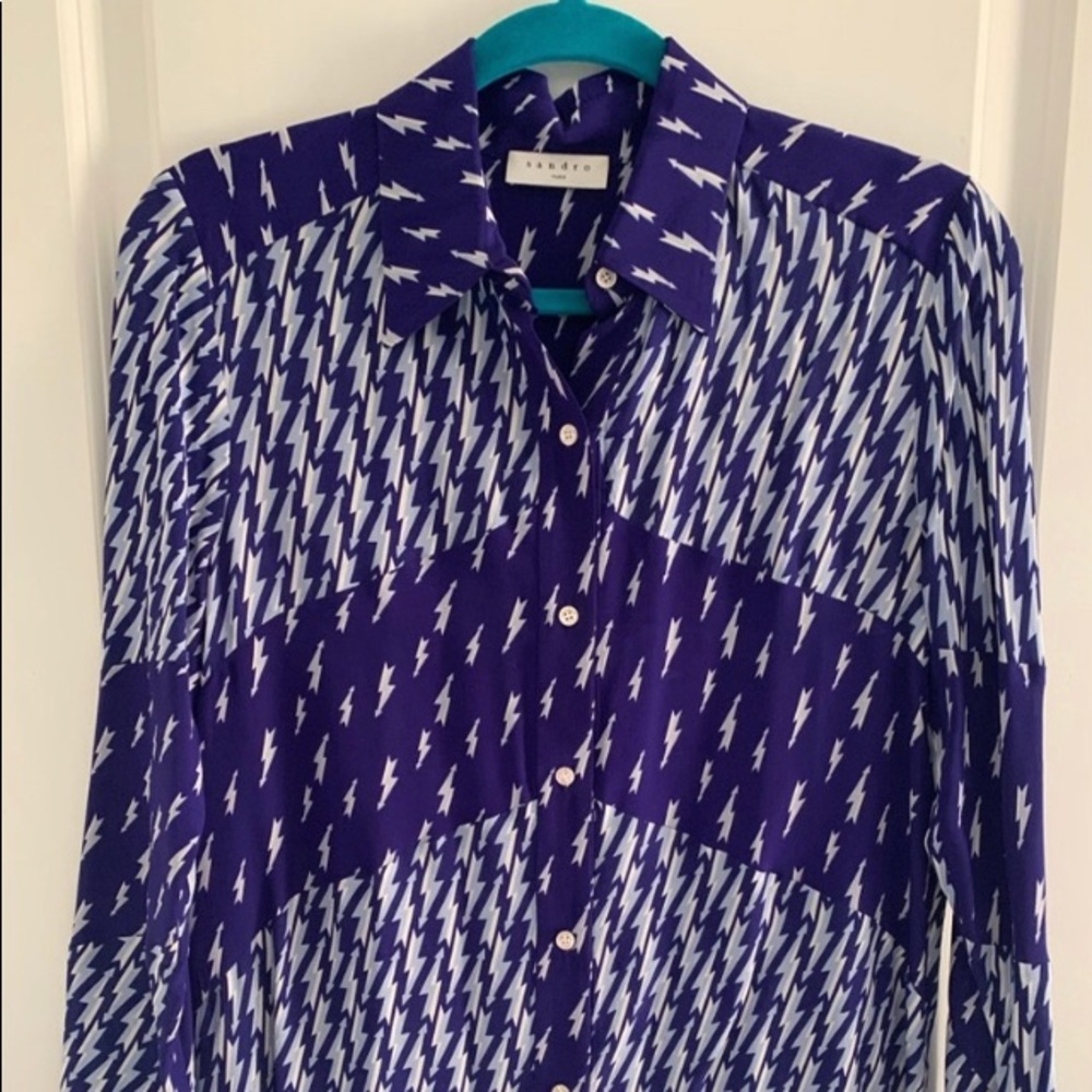 Sandro Blue and White Lightning-Print Button-Down Shirt - Picture 2 of 4